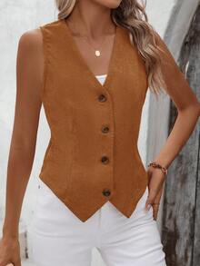 EMERY ROSE Áo khoác blazer không tay màu trơn đơn giản cài nút phía trước cỡ lớn - màu nâu - Xem 5