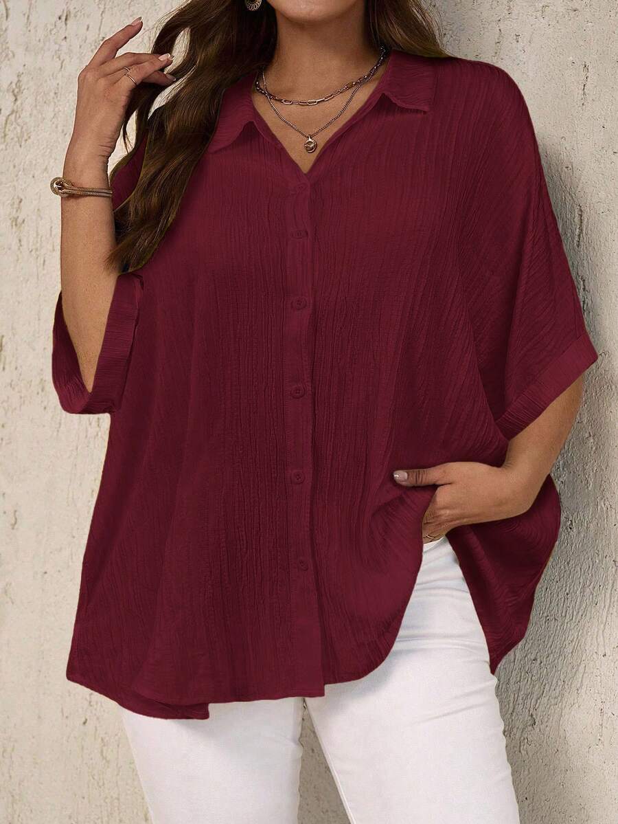 EMERY ROSE Plus Size Women Casual Loose Solid Color Blouses, Summer - Burgundy - View 1