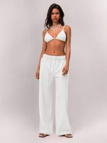 SHEIN Forever 21 女装春季新款低腰褶皱腰带设计休闲裤 - 白色 - 查看 3