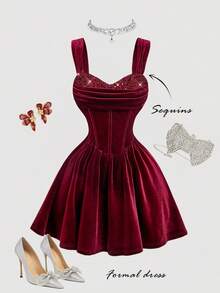 SHEIN MOD 女士酒红色天鹅绒亮片装饰无袖连衣裙，秋冬女装，派对礼服，优雅婚纱，正式礼服，晚礼服，时尚婚礼，派对服装，连衣裙，毕业礼服，舞会礼服，闪亮礼服，圣诞节 - 酒紅色 - 查看 3