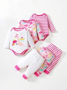 SHEIN 新生兒女寶男寶恐龍條紋印花連身褲套裝