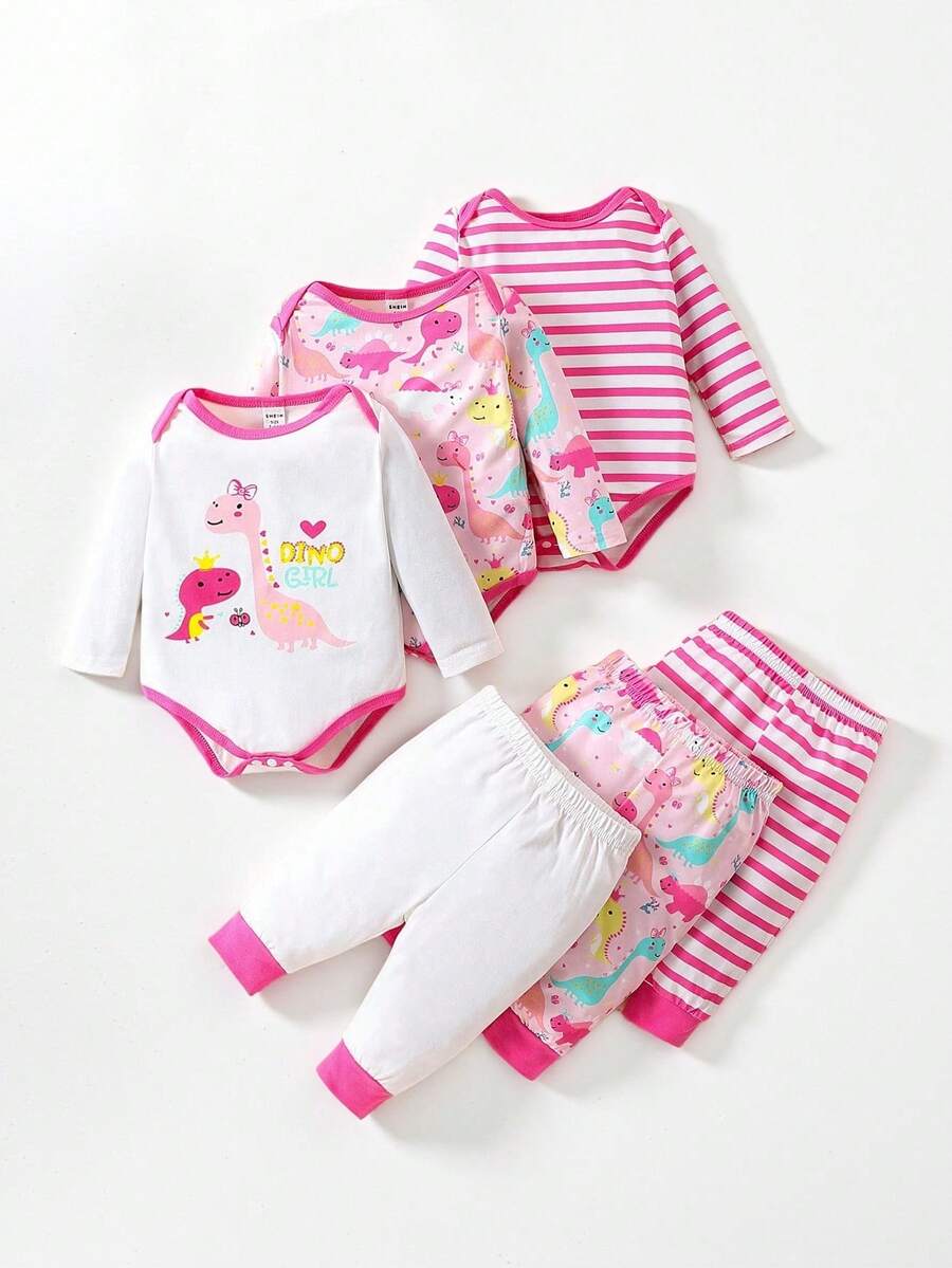 SHEIN 新生兒女寶男寶恐龍條紋印花連身褲套裝