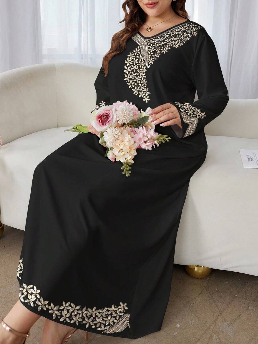 SHEIN Najma 大码女式优雅阿拉伯风格花卉砖纹V领长袖连衣裙，春夏 - 彩色 - 查看 1