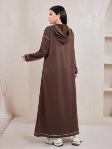 Veilorie 女式秋季撞色条纹字母印花长款连帽卫衣连衣裙 - 棕色 - 查看 7