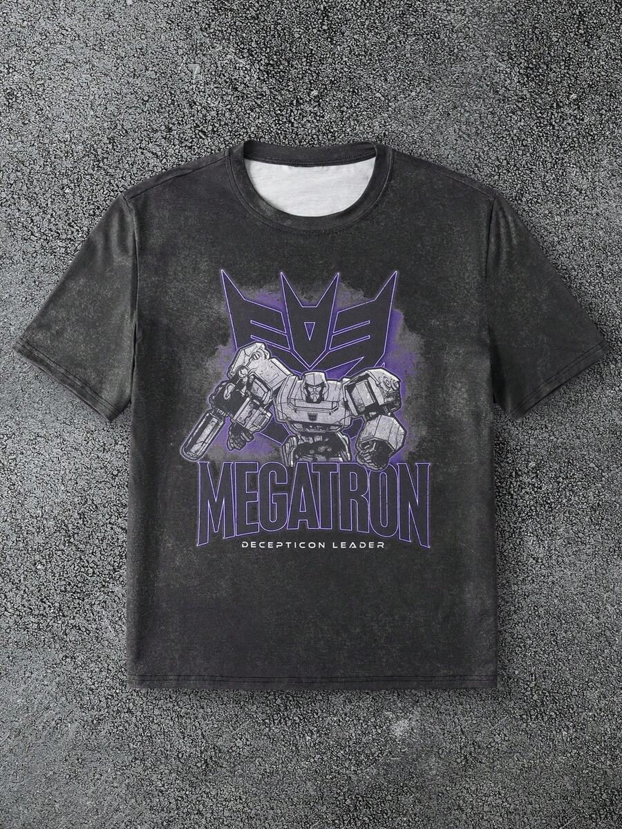 Transformers X SHEIN 男式字母与机器人图案圆领短袖T恤 - 黑色 - 查看 1