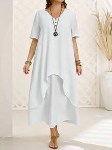 EMERY ROSE Plus Size Women's Fashionable Asymmetrical Cut Long Short Sleeve Dress