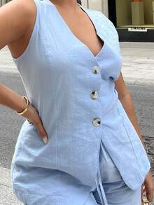 NegzBox Solid Button Front Vest Blazer & Shorts - Baby Blue - View 3