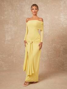 Lumalex Vestido ajustado con hombros descubiertos y lazada para mujer - Amarillo - Ver 8