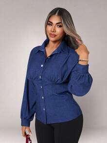 Xyvia 女式休闲水洗前扣收腰修身夹克 - 藍色 - 查看 6