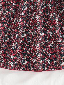 SHEIN 1 chiếc váy dài tay cổ tròn họa tiết hoa chắp vá chải kỹ cho bé gái, ngọt ngào và nữ tính, mùa thu - Đỏ - Xem 5