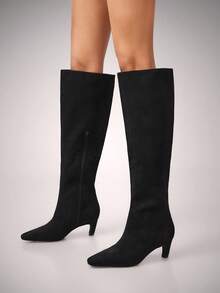 SHUZIA Elegant Sleek Women's Black Faux Suede Knee-High Comfortable Kitten Heel Slip-On Style Chic Sophisticated Holiday Fun Boots - Black - View 2