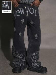 PAVTROS Manfinity Streetrush Men's Fashion Cross & Letter Rhinestone Embellished Jeans Halloween All Saints' Day Diamond Jeans Y2K Rhinestone Black Loose Wide Leg Disco Party For Thrashed Denim