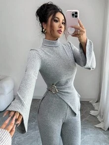 Elenzga 新款女式高领罗纹针织抓绒不对称金属装饰喇叭袖上衣和喇叭裤两件套，适合日常穿着，优雅青春，秋冬 - 灰色 - 查看 7