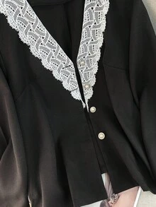 Modelyn Plus Size Women's Elegant Romantic Contrast Color Floral Trim Button-Up Long Sleeve Jacket - Black - View 4