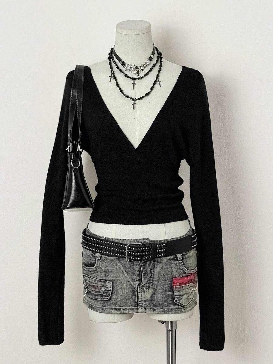 EgrlEra 女士纯色性感前卫V领休闲长袖毛衣，秋冬 - 黑色 - 查看 1