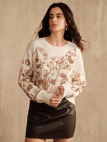 Anewsta Pulover supradimensionat, tricotat moale, cu broderie florală și mărgele, guler rotund, croială lejeră, potrivit pentru toamnă, iarnă, primăvară, Anul Nou, petrecere, nuntă, elegant, șic, stilat, casual, confortabil - cafea maro - Vizualizare 7