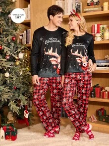CoupledUp 情侣款圣诞休闲长袖睡衣套装，鹿纹格子雪花图案，适合秋冬季穿着，圣诞睡衣套装，情侣款圣诞睡衣，圣诞睡衣，圣诞服装 - 黑色 - 查看 7