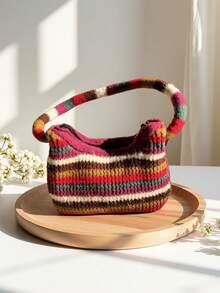 Joivida 彩虹条纹托特包和单肩包，蓬松百搭毛绒针织包，透气、轻便、可折叠、便携，用于存放手机、雨伞、化妆品、口红、香水、书籍、iPad、衣服，女士手提包适合日常使用、节日、上学、通勤、购物、工作、拍照、郊游、露营、跑步、母亲节送给女性的礼物 - 彩色 - 查看 5