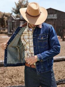 Manfinity Nomadique 男士休闲街头风刺绣贴袋抗皱耐穿蓝色牛仔夹克，秋季款