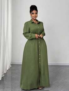 Maweii Đầm sơ mi thường ngày tay dài đơn hàng khuy cài eo màu trơn cỡ lớn cho nữ - màu xanh lá - Xem 7