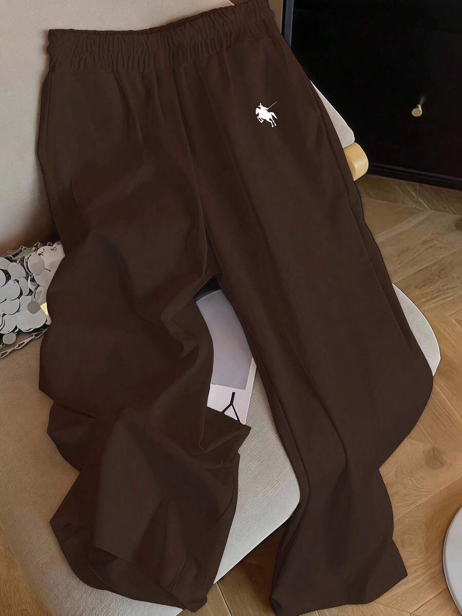 SHEIN EZwear 棕色马匹印花女士休闲裤,适合夏季、度假 - 棕色 - 查看 1