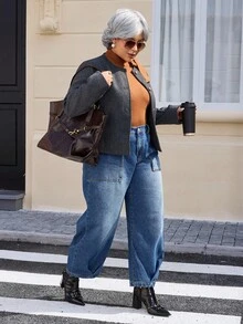 EMERY ROSE 大码休闲阔腿纽扣口袋牛仔裤 - 深色水洗藍 - 查看 2