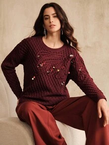 Anewsta Áo len dệt kim dáng rộng thanh lịch dành cho nữ, thêu dây thủ công và trang trí kim sa, cổ tròn, tay dài, màu đỏ rượu, thích hợp cho mùa thu, đông, năm mới, tiệc tùng, đám cưới, thanh lịch, sang trọng, sành điệu, giáng sinh, lễ hội, đi chơi - Màu Đỏ Sâu - Xem 7