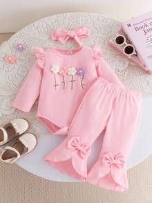 SHEIN Playful Pals 2pcs Newborn Girl Spring/Autumn Fashion Sweet Cute Pink Ribbed Long Sleeve Jumpsuit With Embroidered Flower Decor, Paired With Matching Pink Flared Pants And Headscarf Set, Suitable For Daily Wear And School Fall Winter