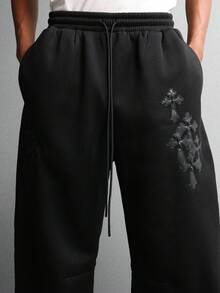 SUMWON 哥特式十字镀铬贴花宽松运动裤冬季休闲裤带抽绳侧袋休闲宽松街头服饰 - 黑色 - 查看 6