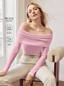 MOTF PREMIUM SUÉTER DE PUNTO ACANALADO CON HOMBROS DESCUBIERTOS PARA OTOÑO E INVIERNO - Rosa - Ver 1