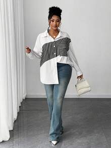 Maweii Plus Size Women's Long Sleeve Striped Casual Blouse
