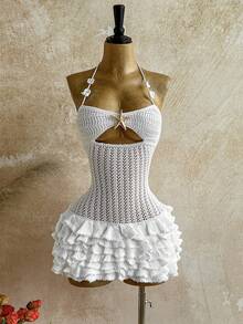 Soleia New Knitted Halter Neck Tie Strap Multi-Layer Ruffle Hem Mini Dress, Suitable For Party, Date, Valentine's Day, Easter, Carnival, Afternoon Tea, Beach, Cruise, City Vacation, Autumn/Winter Layering,Party - Beige - View 3