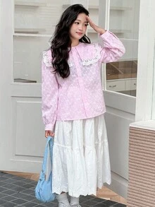 女童格子长袖梭织衬衫（秋季） - 粉色 - 查看 2