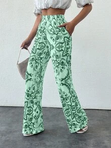 EURMUSE 女式波西米亚风夏季阔腿直筒裤 - 綠色 - 查看 4
