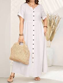 EMERY ROSE 大码夏季乡村圆领单排扣休闲夏装，适合度假 - 白色 - 查看 3