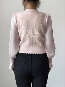 Elenzga 女士纯色珍珠装饰优雅开衫 - 粉色 - 查看 2