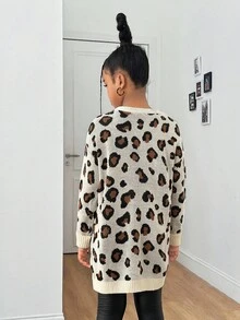 SHEIN 秋季青少年女孩休闲豹纹开衫 - 杏色 - 查看 2