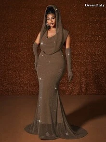 Maweii Plus Size Sexy Cinched Waist Gold Foil Fish Tail Hem Dress - Brown - View 1
