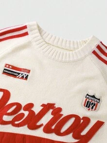 ROMWE MEN Prep 男士刺绣宽松短款针织衫，秋冬款，长袖上衣 - 米色 - 查看 3