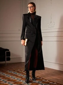 Chiquease Women's Black Woven Straight Long Blazer Jacket, Suitable For Commuting, Autumn/Winter - Black - View 1