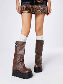 ROMWE Grunge Punk Bốt cổ ngắn mũi tròn đế dày phong cách Punk, dây khóa kéo, kiểu dáng ngoài trời, cao đến bắp chân, mẫu mới thu/đông 2025 - màu nâu - Xem 2