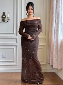 Roveilla 大码水钻装饰露肩修身长裙，派对装 - 咖啡棕 - 查看 7