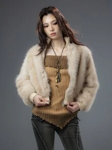 Bloopia 优雅淑女时尚宽松女式秋冬万圣节针织拼布仿皮草短款修身长袖夹克 - 杏色 - 查看 5