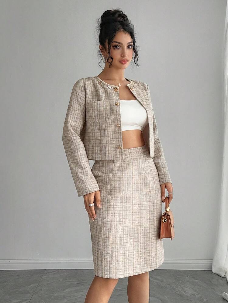 Women's Elegant Commuter Cropped Jacket And Skirt 2 Pieces Set