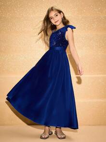Girls' Sequin One Shoulder Big Bow Long Dress, Suitable For Wedding, Prom, Birthday Party, Back To School, Graduation, Christmas, Halloween Fall Winter - Blue - View 6