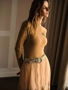 MOTF PREMIUM MOCK NECK STEREO FLOWER DETAIL SLIM FIT SWEATER KNIT PULLOVER FALL WINTER - Khaki - View 8