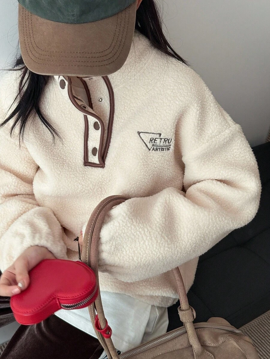 DAZY Tween Girl Letter Embroidered Fleece Long Sleeve Sweatshirt, Fall Clothes, Winter