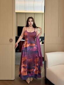 Flirla Conjunto de 2 piezas talla grande para mujer: Kimono con mangas acampanadas y lazo delantero en unicolor + Vestido camisero con estampado tie-dye, romántico - Multicolor - Ver 7