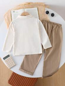 SHEIN Vintaside Kids 2 件套男童罗纹针织长袖衬衫和罗纹梭织休闲裤套装，春秋