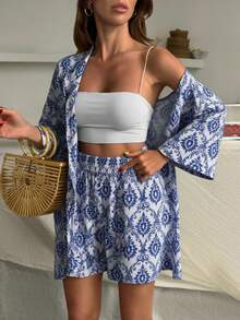 EURMUSE Bộ đồ kimono tay 3/4 họa tiết hoa và quần short thoải mái, rộng rãi cho kỳ nghỉ của phụ nữ - Nhiều màu - Xem 5